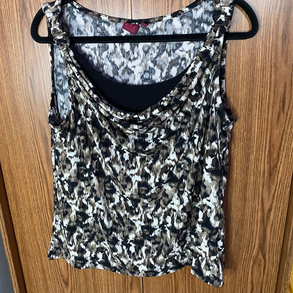 212 Collection Tank Top Women Large Brown Black Abstract Cowl Neck Blouse